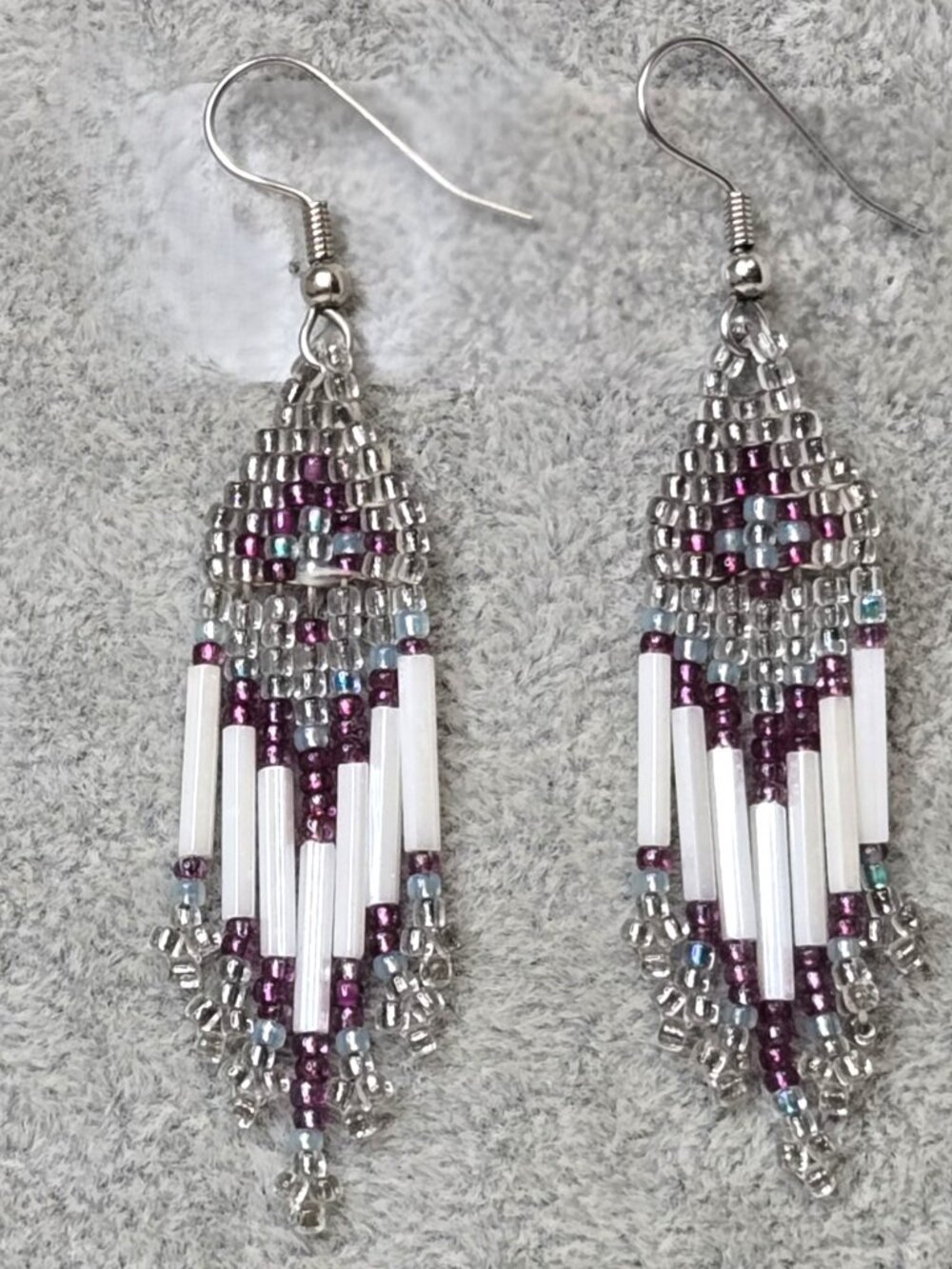 Multicolor Dangle Earrings, Native American Style, Glass Blue/Purple/White